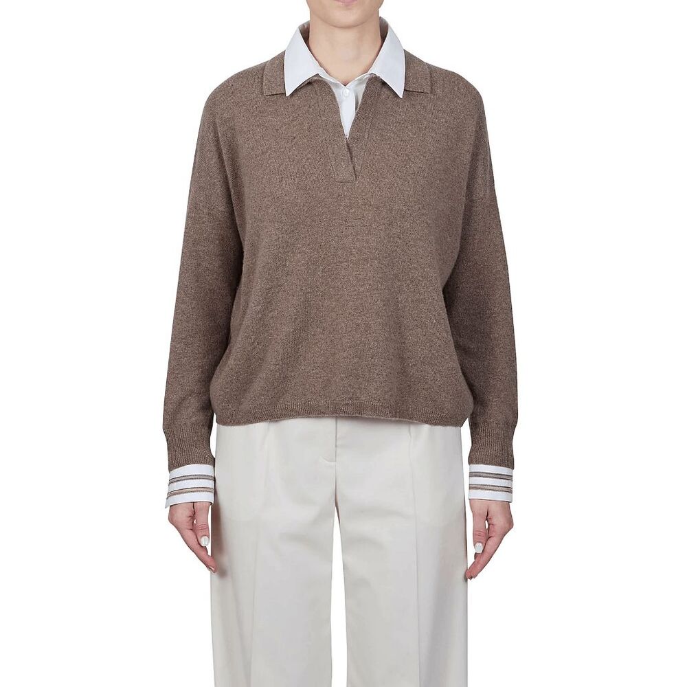 Purotatto Taupe Brown Collared Cashmere Pullover Polo Sweater Women's Size 40 6
